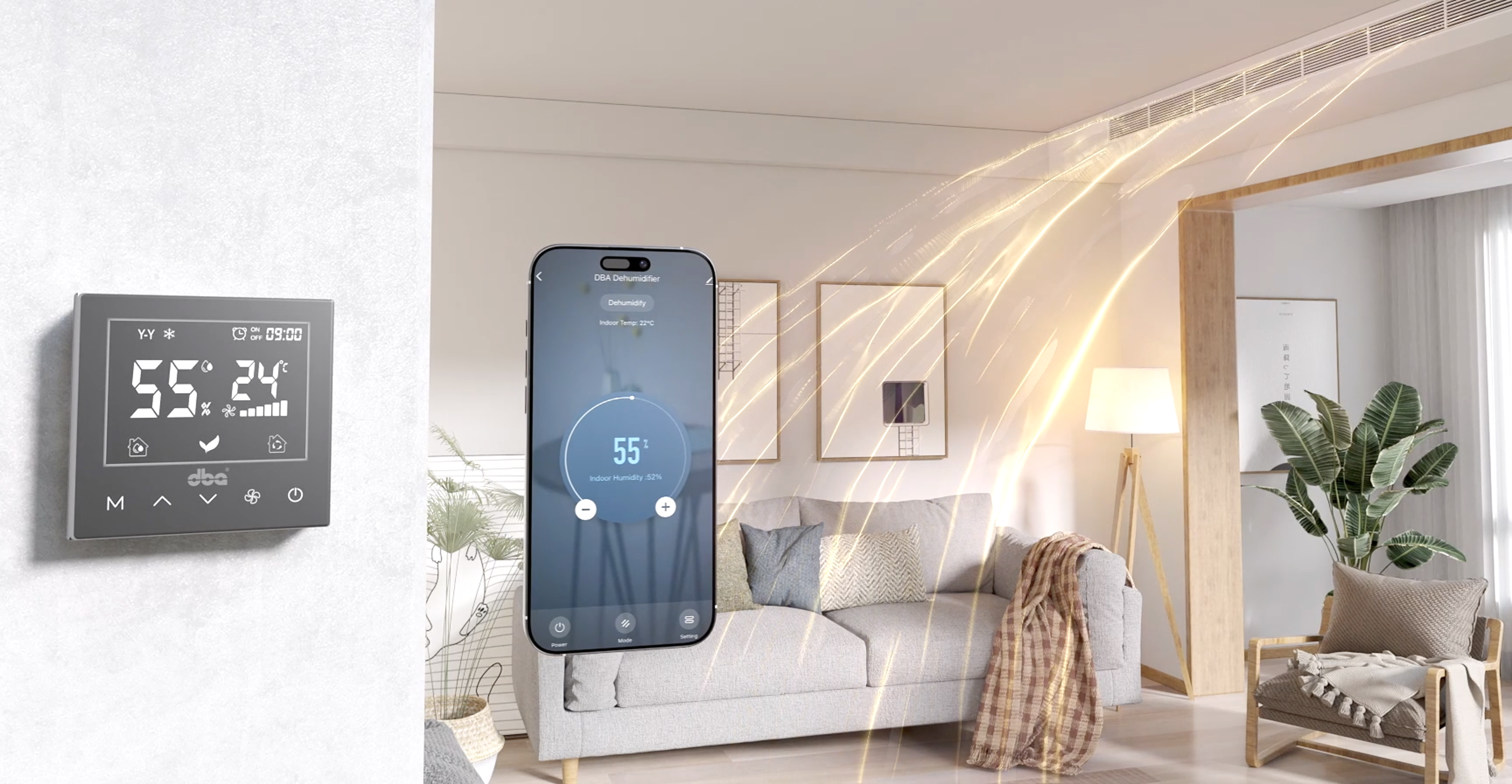 LCD wall panel and mobile app showing dehumidifier humidity control